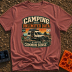 More Data Less Sense - T-Shirt in Brick - A graphic illustration of a camper van with roof-mounted solar panels parked in...