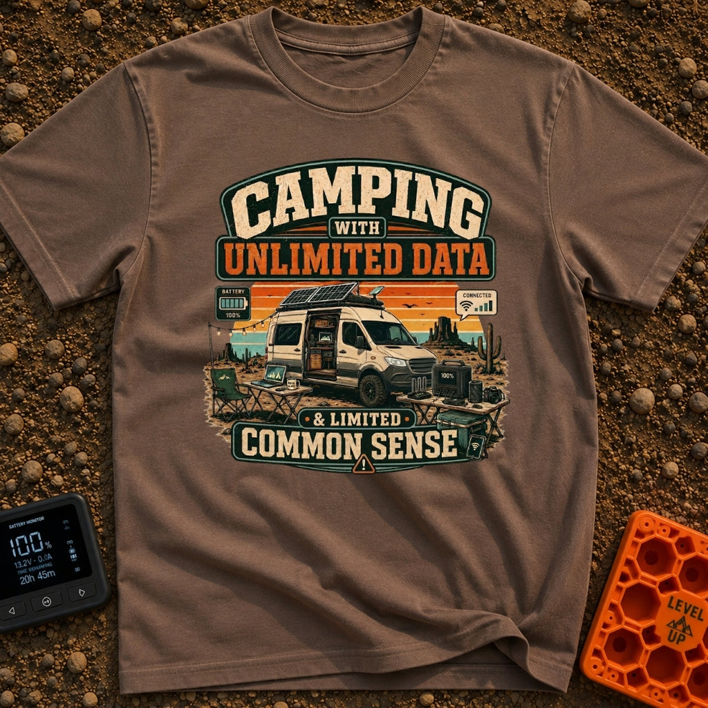More Data Less Sense - T-Shirt in Espresso - A graphic illustration of a camper van with roof-mounted solar panels parked...