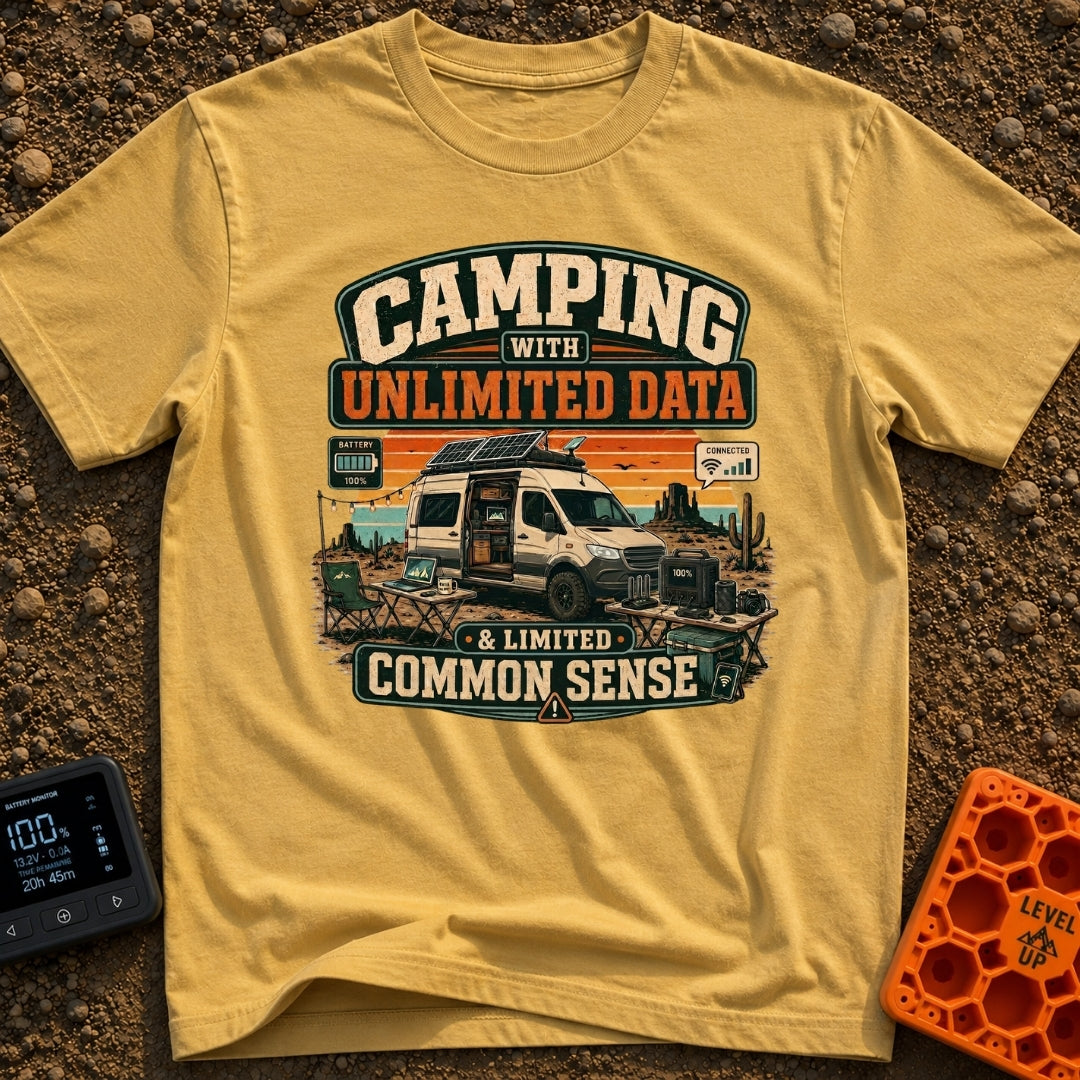 More Data Less Sense - T-Shirt in Mustard - A graphic illustration of a camper van with roof-mounted solar panels parked...