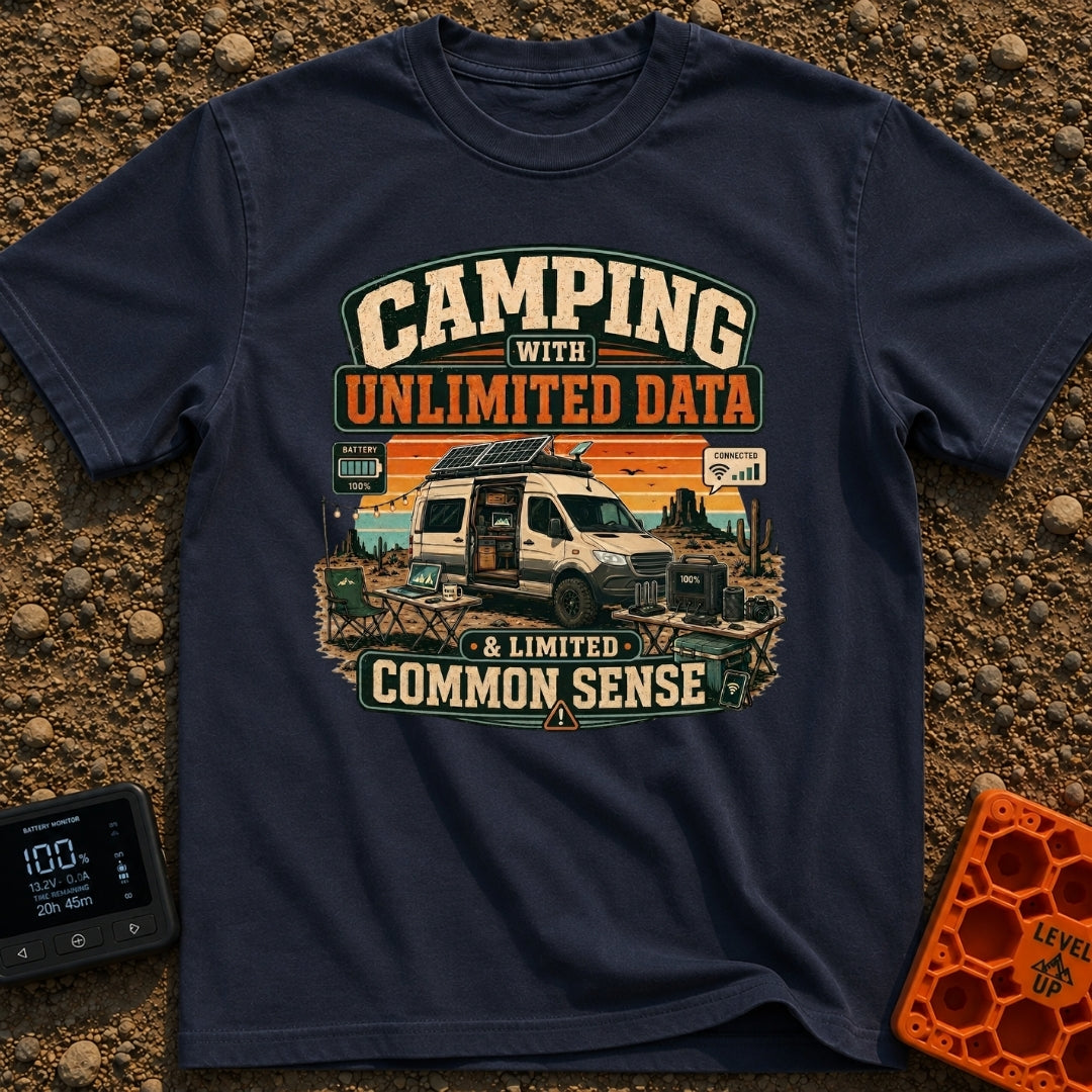 More Data Less Sense - T-Shirt in Navy - A graphic illustration of a camper van with roof-mounted solar panels parked in...