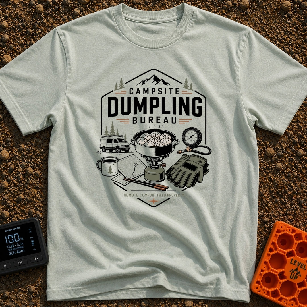 Campsite Dumpling Bureau - T-Shirt in Bay - A badge-style illustration showing a camper van in the woods next to a camp...