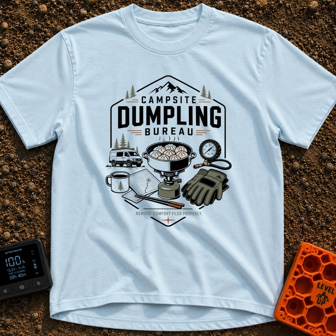 Campsite Dumpling Bureau - T-Shirt in Chambray - A badge-style illustration showing a camper van in the woods next to a...