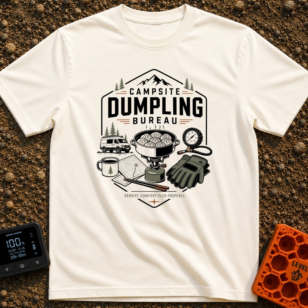 Campsite Dumpling Bureau - T-Shirt in Ivory - A badge-style illustration showing a camper van in the woods next to a camp...