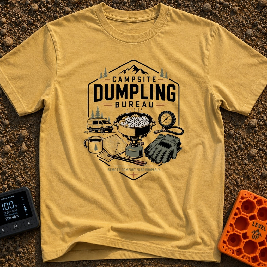 Campsite Dumpling Bureau - T-Shirt in Mustard - A badge-style illustration showing a camper van in the woods next to a...
