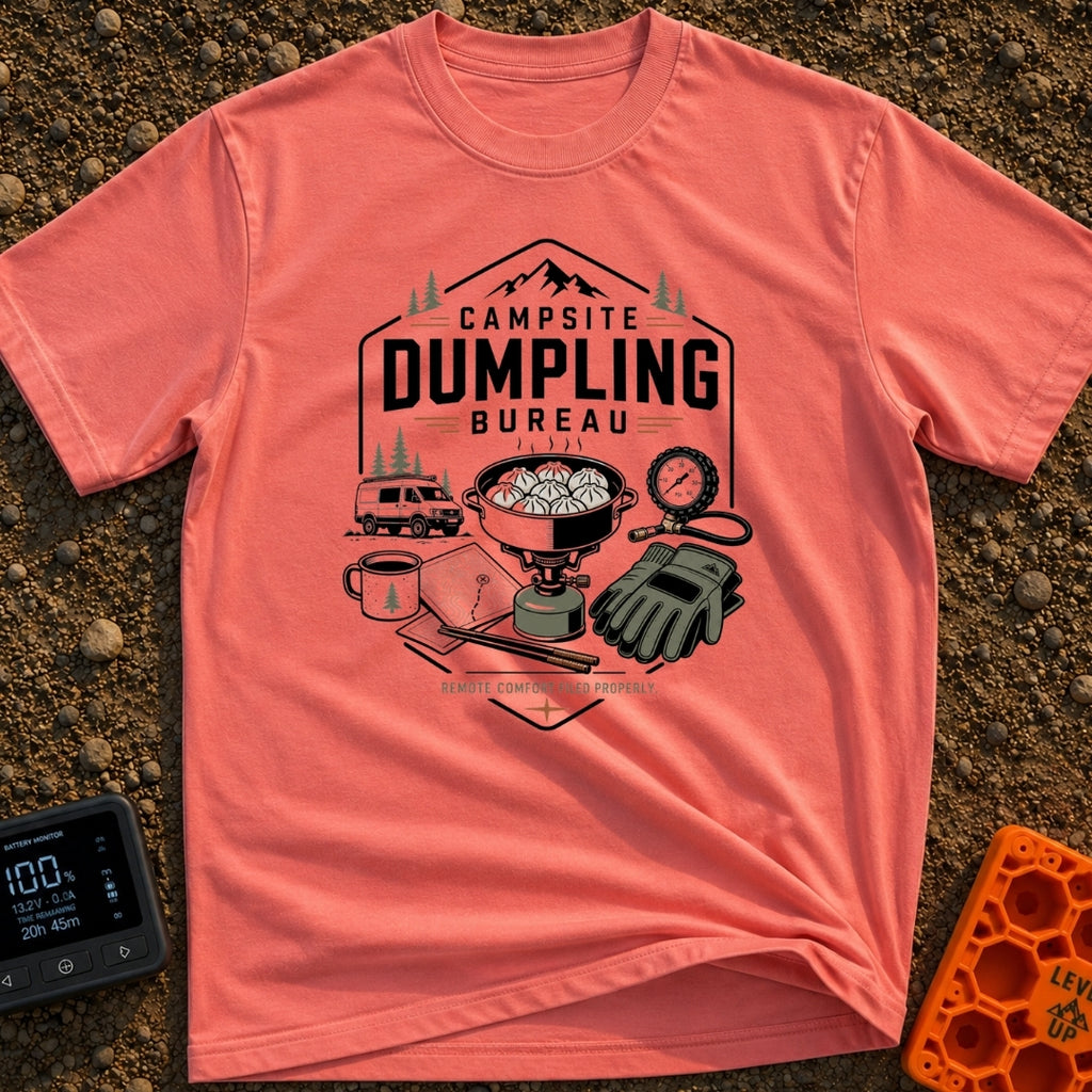 Campsite Dumpling Bureau - T-Shirt in Watermelon - A badge-style illustration showing a camper van in the woods next to a...