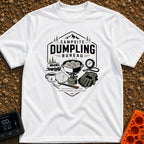 Campsite Dumpling Bureau - T-Shirt in White - A badge-style illustration showing a camper van in the woods next to a camp...