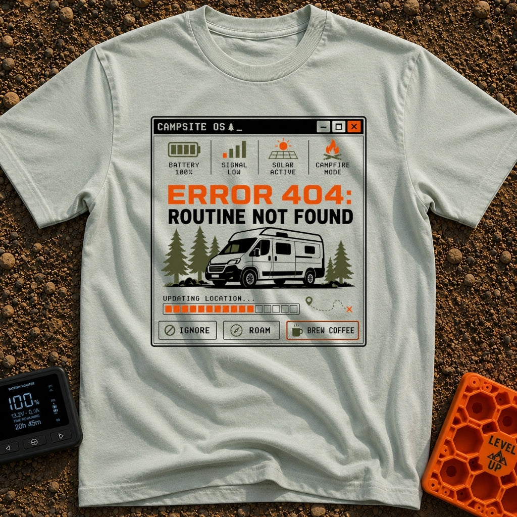 Routine Not Found - T-Shirt in Bay - A graphic styled as a retro computer interface window titled 'CAMPSITE OS' showing a...