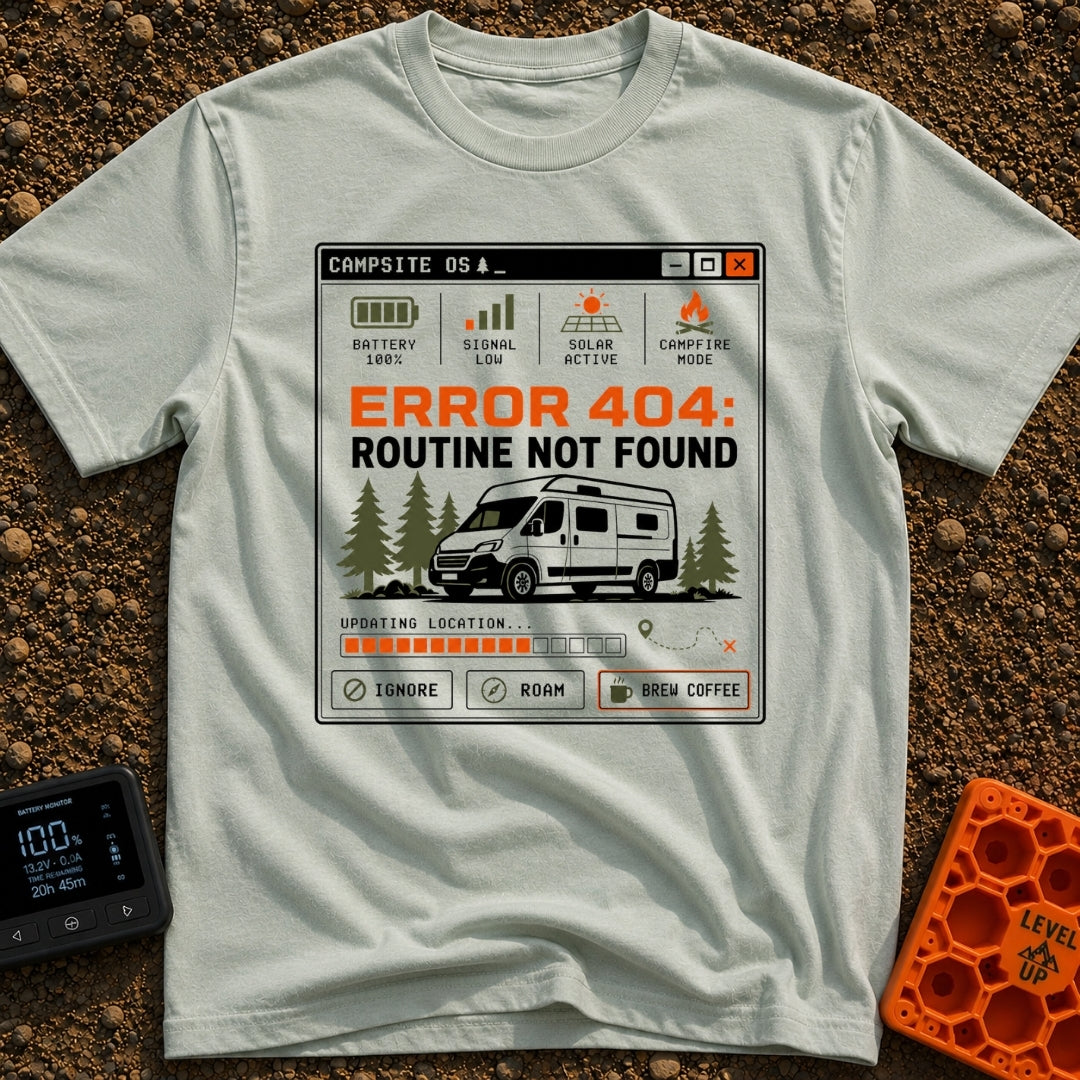 Routine Not Found - T-Shirt in Bay - A graphic styled as a retro computer interface window titled 'CAMPSITE OS' showing a...