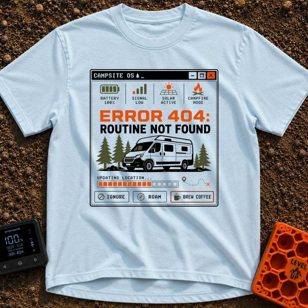 Routine Not Found - T-Shirt in Chambray - A graphic styled as a retro computer interface window titled 'CAMPSITE OS'...