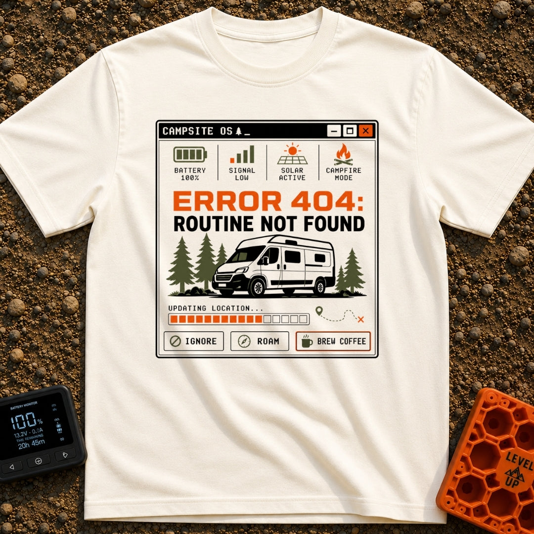 Routine Not Found - T-Shirt in Ivory - A graphic styled as a retro computer interface window titled 'CAMPSITE OS' showing...