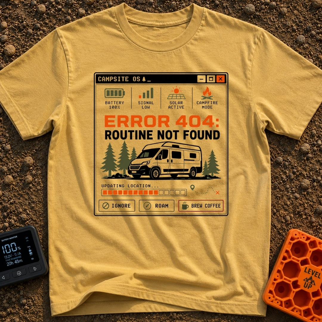 Routine Not Found - T-Shirt in Mustard - A graphic styled as a retro computer interface window titled 'CAMPSITE OS'...