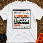 Routine Not Found - T-Shirt in White - A graphic styled as a retro computer interface window titled 'CAMPSITE OS' showing...