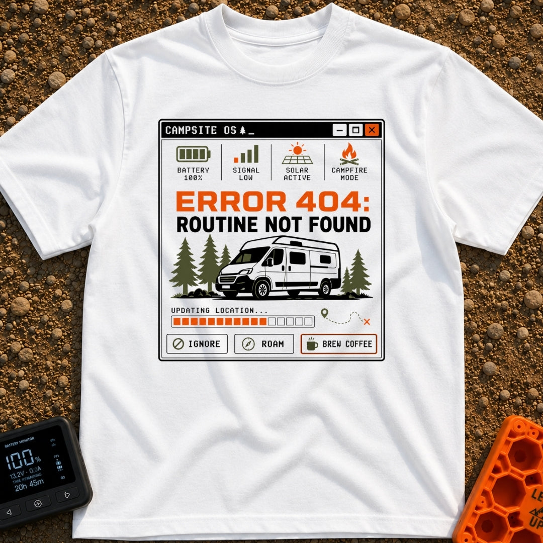 Routine Not Found - T-Shirt in White - A graphic styled as a retro computer interface window titled 'CAMPSITE OS' showing...