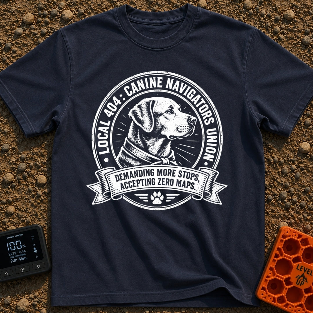 Barkseat Drivers Union - T-Shirt in Navy - A black and white vintage-style circular emblem featuring the side profile of...