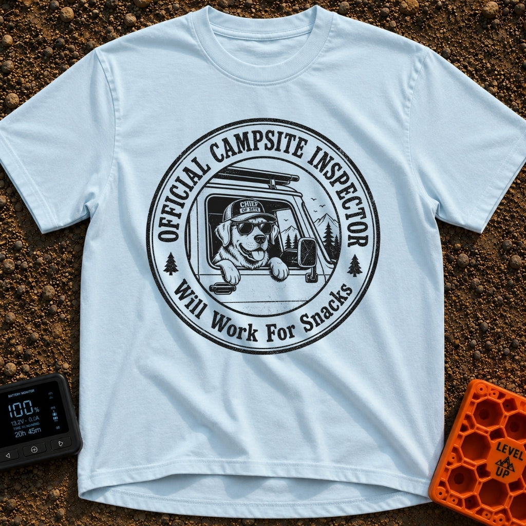 Ruff Site Manager - T-Shirt in Chambray - A circular black and white illustration of a dog wearing sunglasses and a hat...