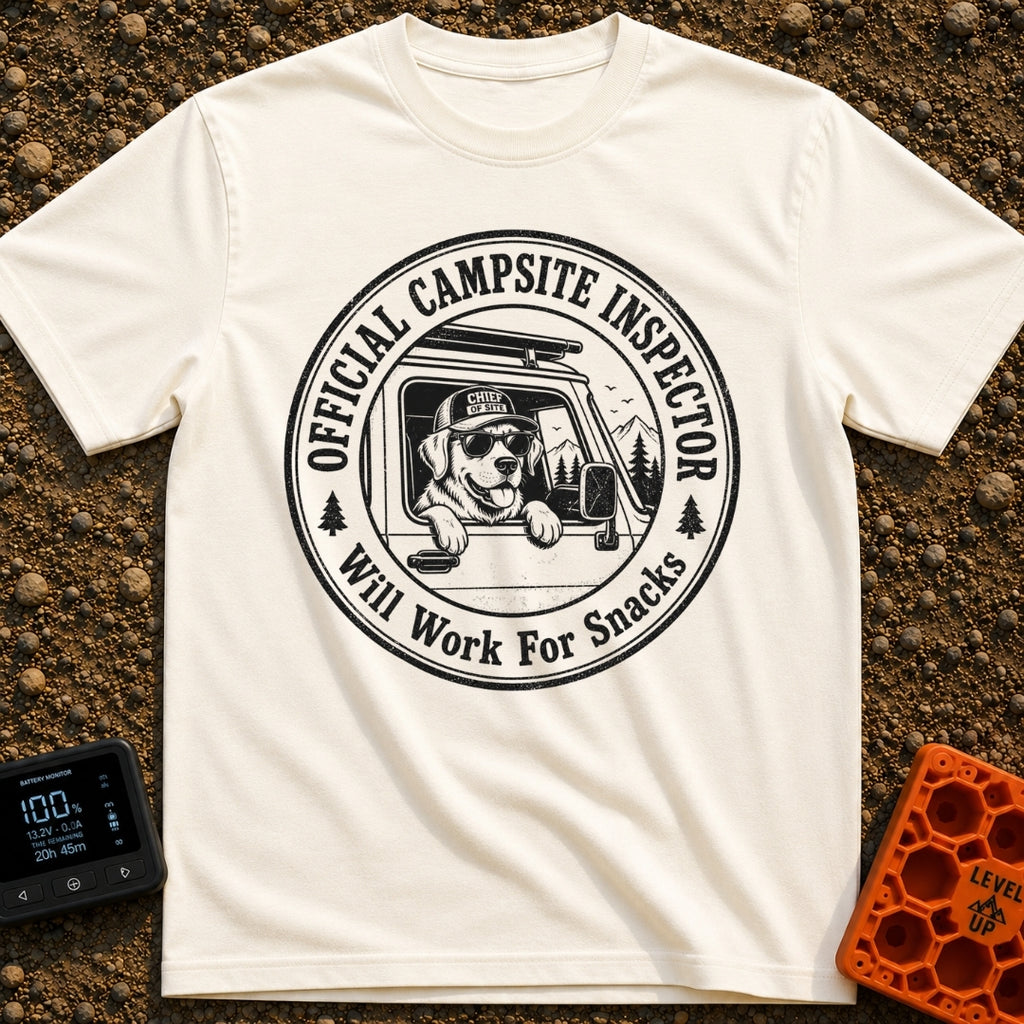 Ruff Site Manager - T-Shirt in Ivory - A circular black and white illustration of a dog wearing sunglasses and a hat...