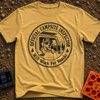 Ruff Site Manager - T-Shirt in Mustard - A circular black and white illustration of a dog wearing sunglasses and a hat...