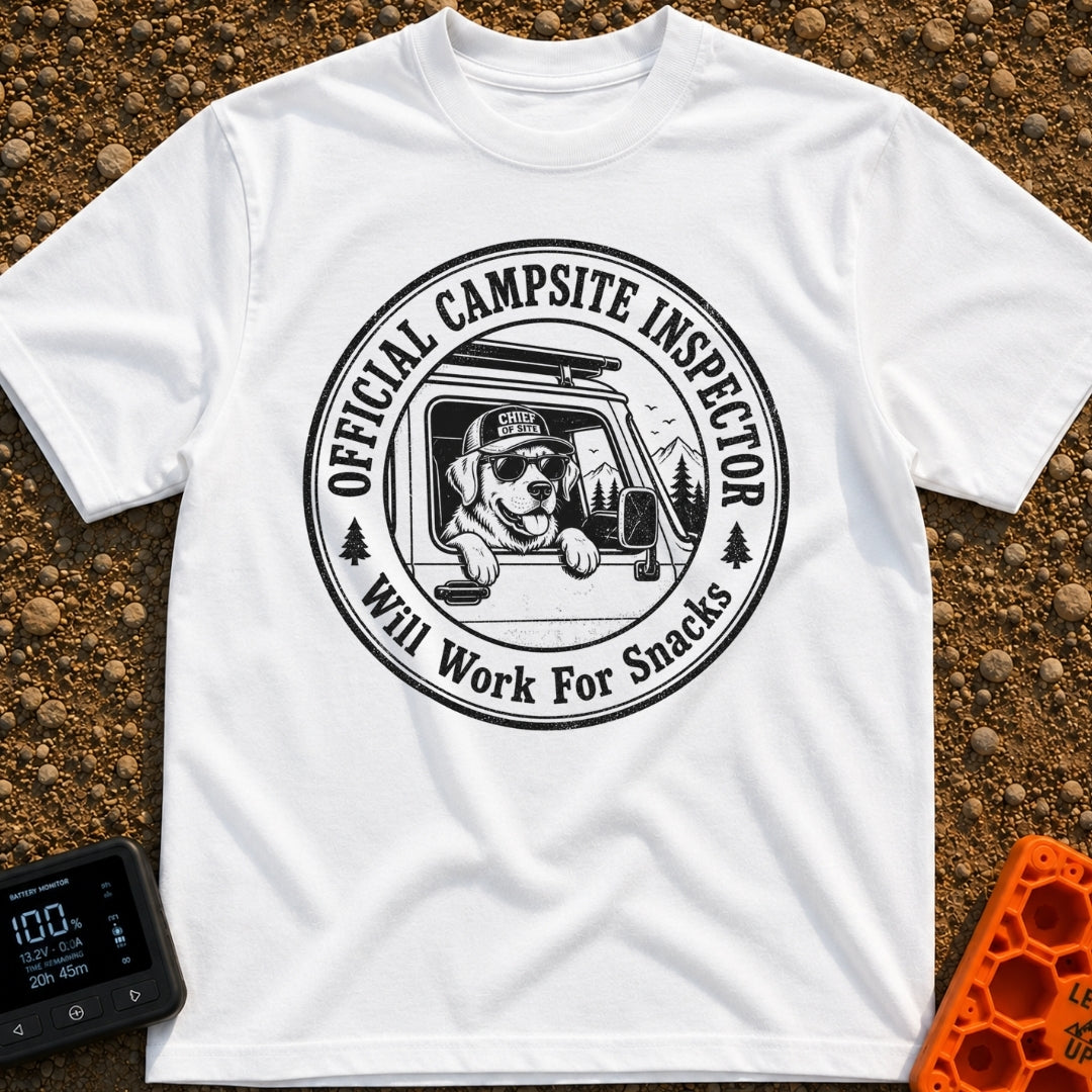 Ruff Site Manager - T-Shirt in White - A circular black and white illustration of a dog wearing sunglasses and a hat...
