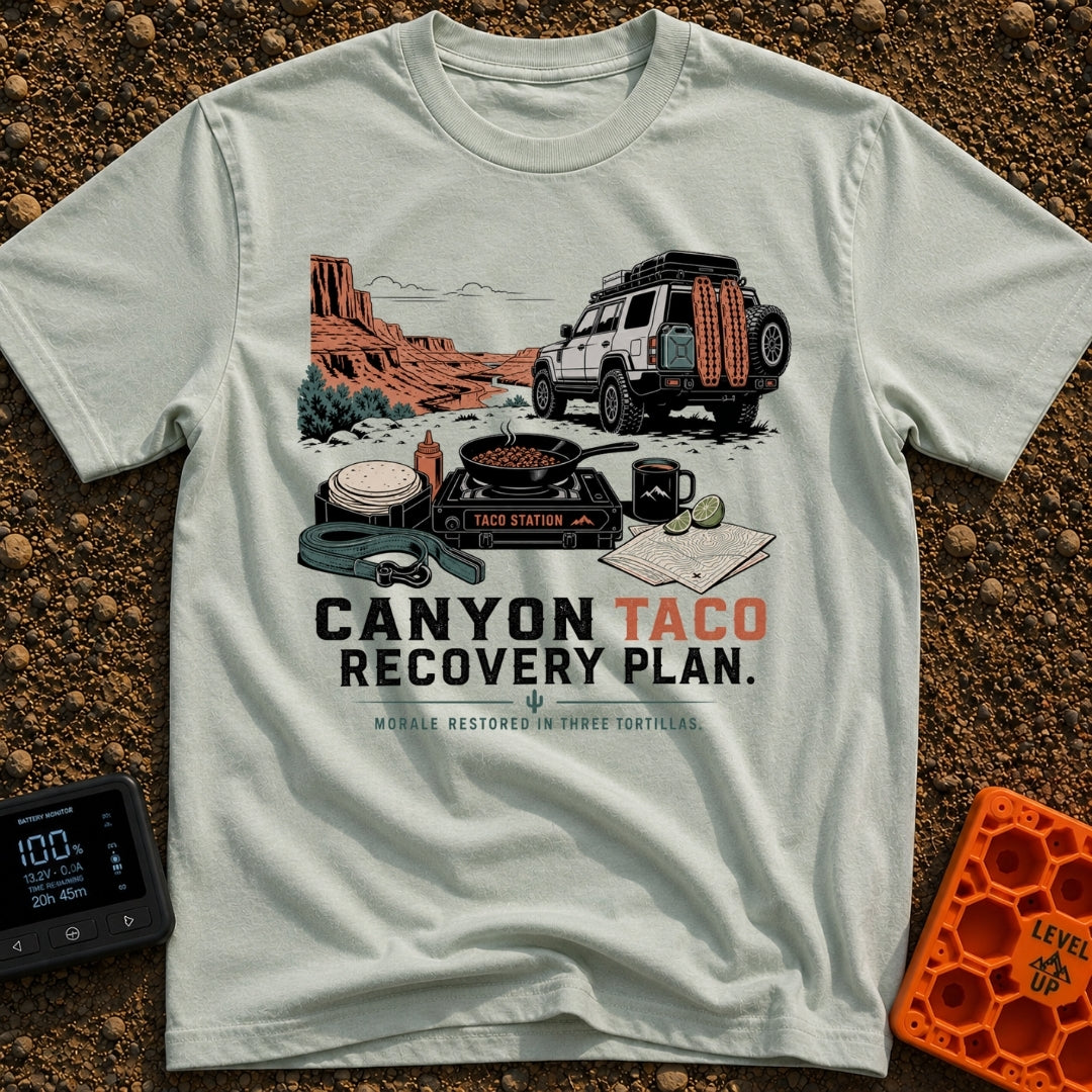 Taco Recovery Plan - T-Shirt in Bay - An off-road 4x4 SUV equipped with recovery gear is parked on a dirt path...