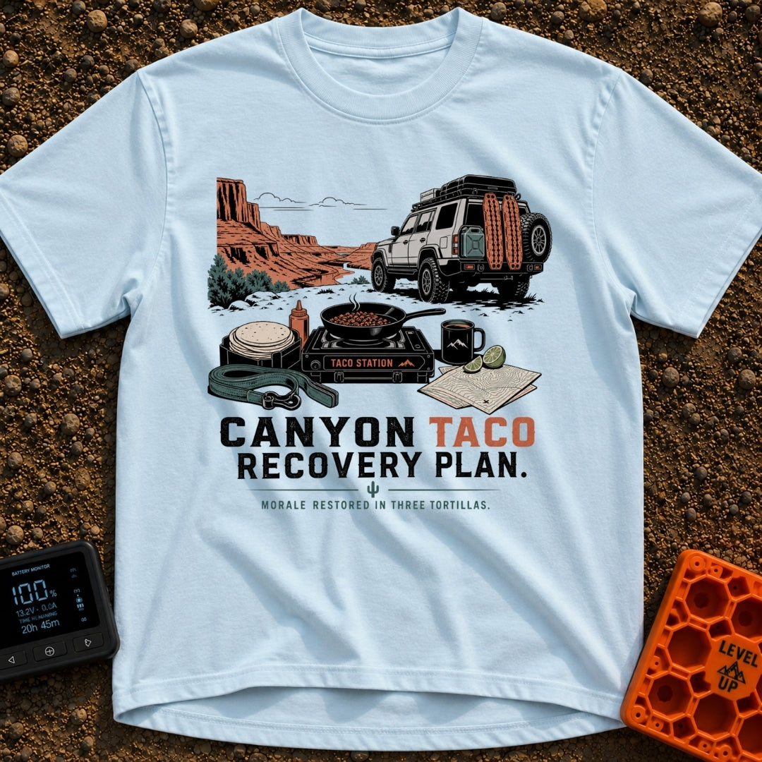 Taco Recovery Plan - T-Shirt in Chambray - An off-road 4x4 SUV equipped with recovery gear is parked on a dirt path...
