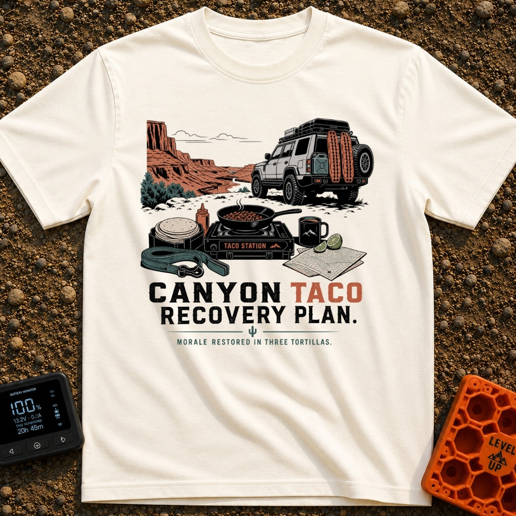 Taco Recovery Plan - T-Shirt in Ivory - An off-road 4x4 SUV equipped with recovery gear is parked on a dirt path...