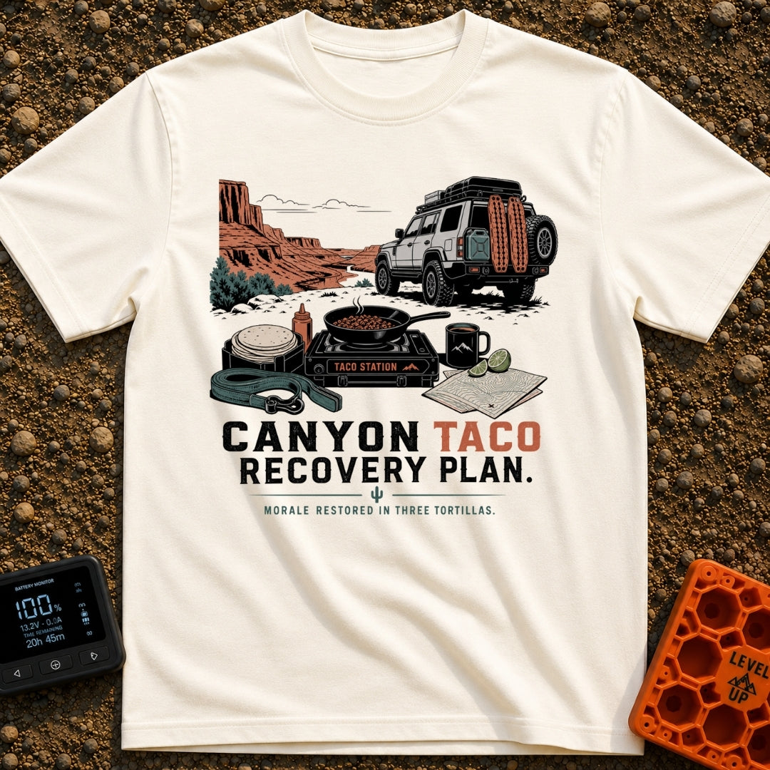 Taco Recovery Plan - T-Shirt in Ivory - An off-road 4x4 SUV equipped with recovery gear is parked on a dirt path...