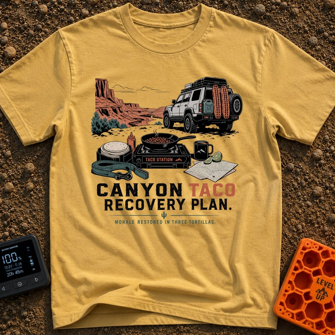 Taco Recovery Plan - T-Shirt in Mustard - An off-road 4x4 SUV equipped with recovery gear is parked on a dirt path...