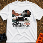 Taco Recovery Plan - T-Shirt in White - An off-road 4x4 SUV equipped with recovery gear is parked on a dirt path...