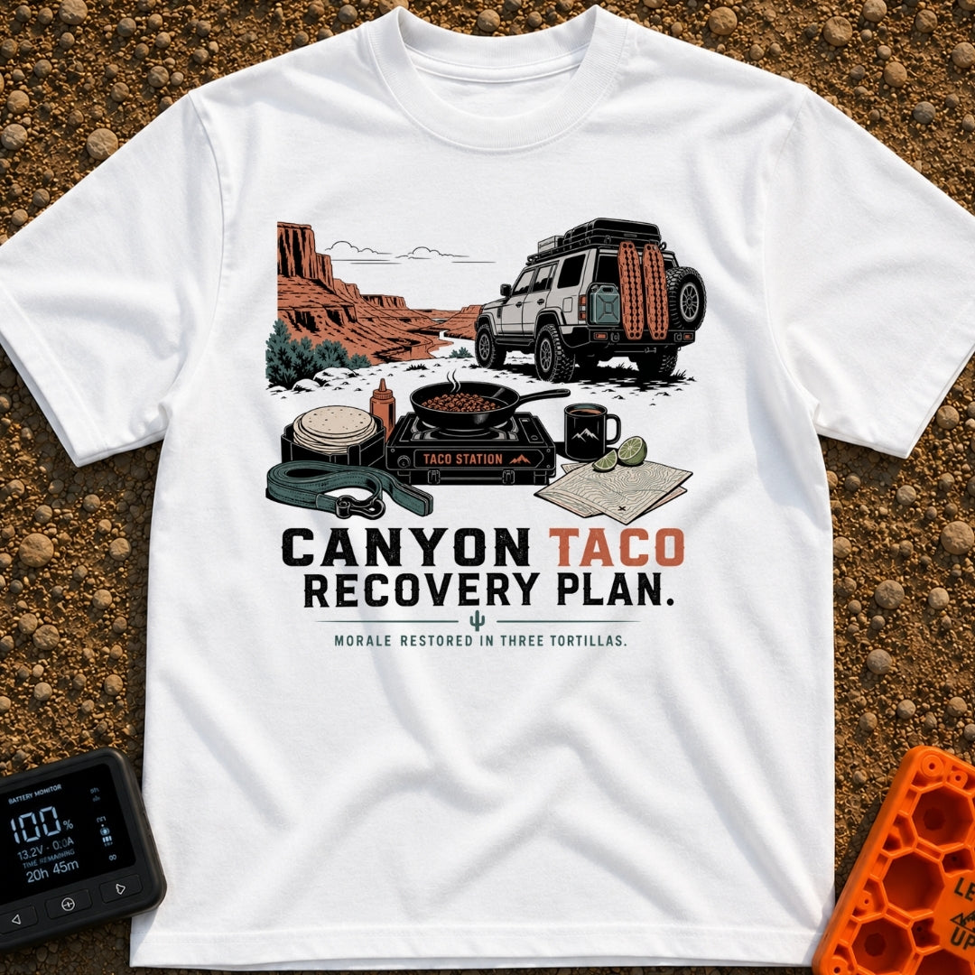 Taco Recovery Plan - T-Shirt in White - An off-road 4x4 SUV equipped with recovery gear is parked on a dirt path...