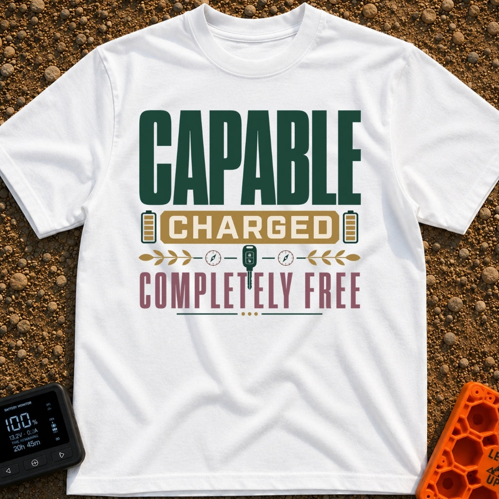 Charged To Roam Free - T-Shirt in White - A typographic design featuring the words "CAPABLE CHARGED COMPLETELY FREE"...