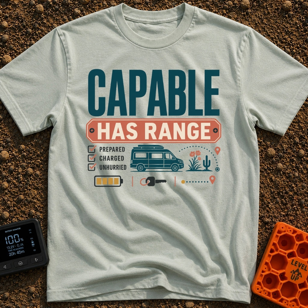 Charged And Capable - T-Shirt in Bay - Typographical design reading "CAPABLE HAS RANGE" above a checklist featuring the...