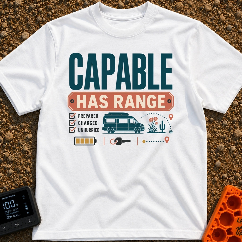 Charged And Capable - T-Shirt in White - Typographical design reading "CAPABLE HAS RANGE" above a checklist featuring the...