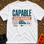 Charged And Capable - T-Shirt in White - Typographical design reading "CAPABLE HAS RANGE" above a checklist featuring the...