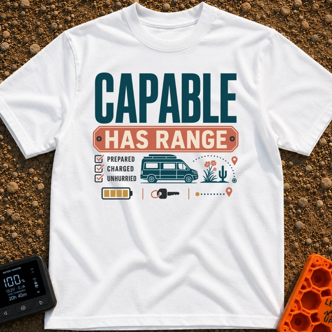 Charged And Capable - T-Shirt in White - Typographical design reading "CAPABLE HAS RANGE" above a checklist featuring the...