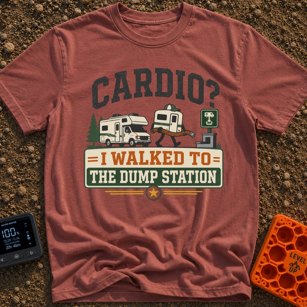Cardio At The Dump - T-Shirt in Brick - The artwork features the text "CARDIO? I WALKED TO THE DUMP STATION" surrounding...