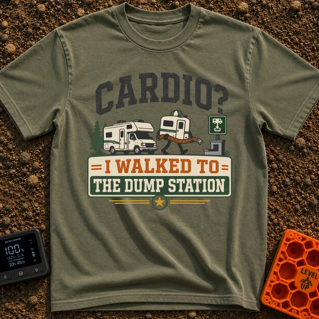 Cardio At The Dump - T-Shirt in Moss - The artwork features the text "CARDIO? I WALKED TO THE DUMP STATION" surrounding...