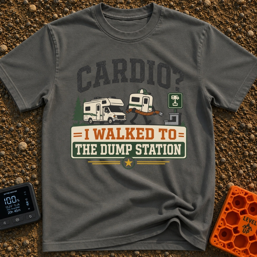 Cardio At The Dump - T-Shirt in Pepper - The artwork features the text "CARDIO? I WALKED TO THE DUMP STATION" surrounding...