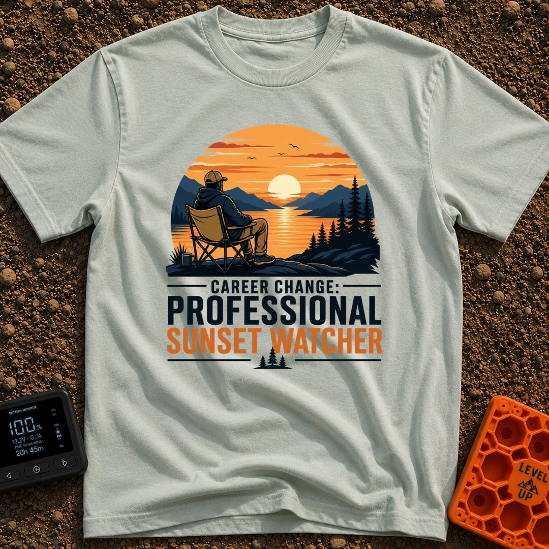 Professional Sunset Watcher - T-Shirt in Bay - An illustration of a person sitting in a camp chair on a rocky overlook,...