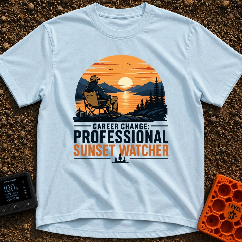 Professional Sunset Watcher - T-Shirt in Chambray - An illustration of a person sitting in a camp chair on a rocky...