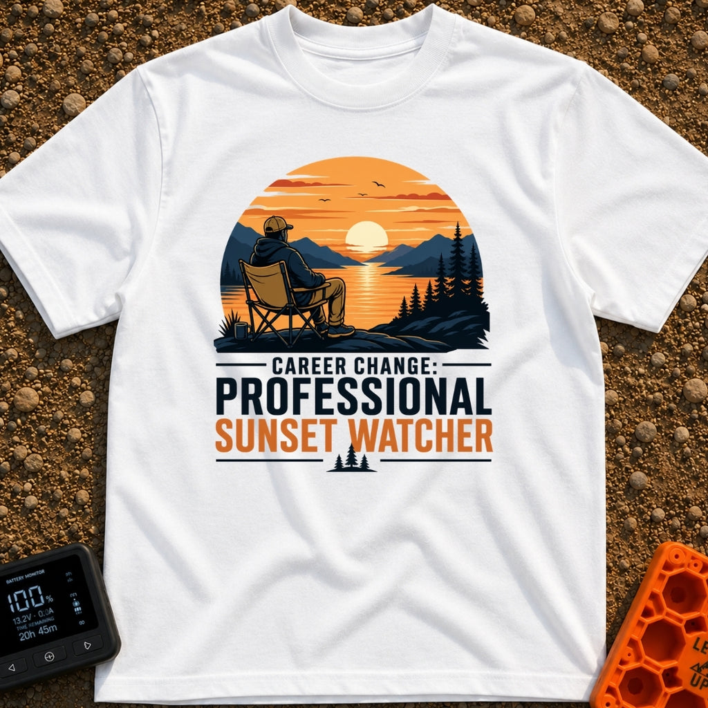 Professional Sunset Watcher - T-Shirt in White - An illustration of a person sitting in a camp chair on a rocky overlook,...