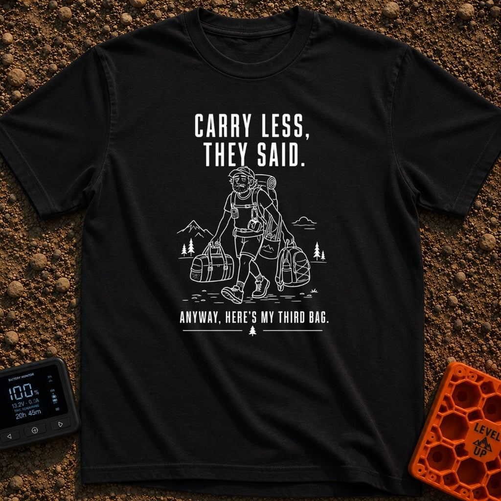 Pack Light They Said - T-Shirt in Black - A white line drawing of a tired man hiking past mountains and pine trees,...