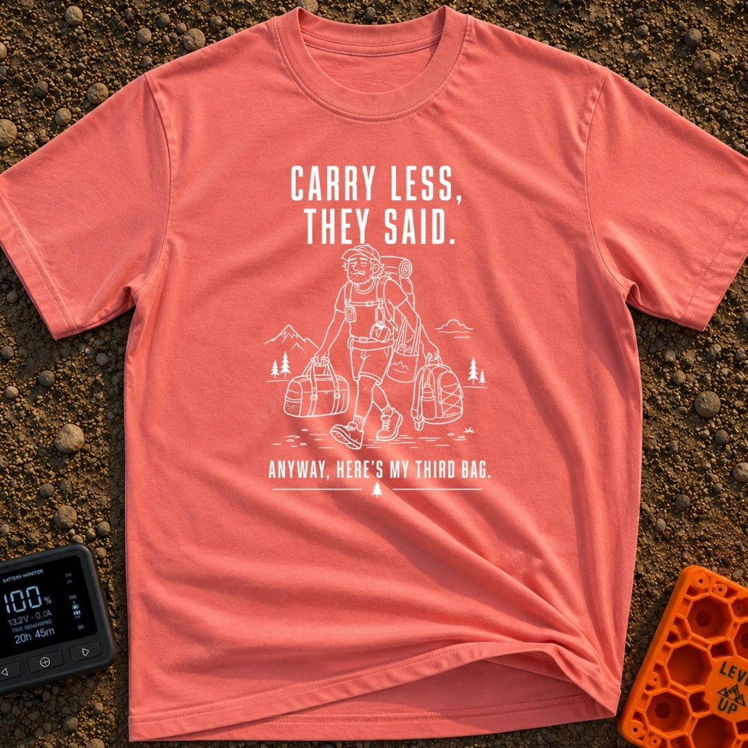 Pack Light They Said - T-Shirt in Watermelon - A white line drawing of a tired man hiking past mountains and pine trees,...