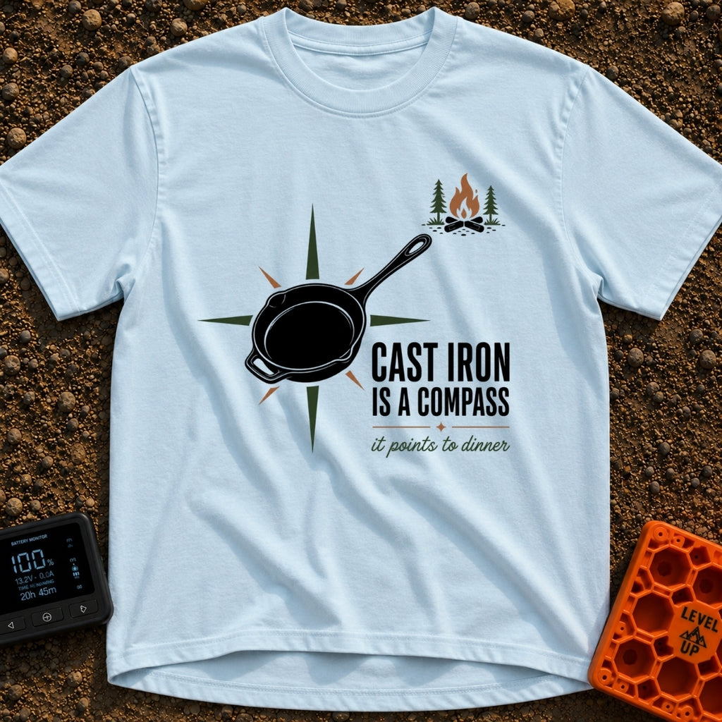 Cast Iron Compass - T-Shirt in Chambray - A graphic featuring a black cast iron skillet superimposed over a multi-pointed...