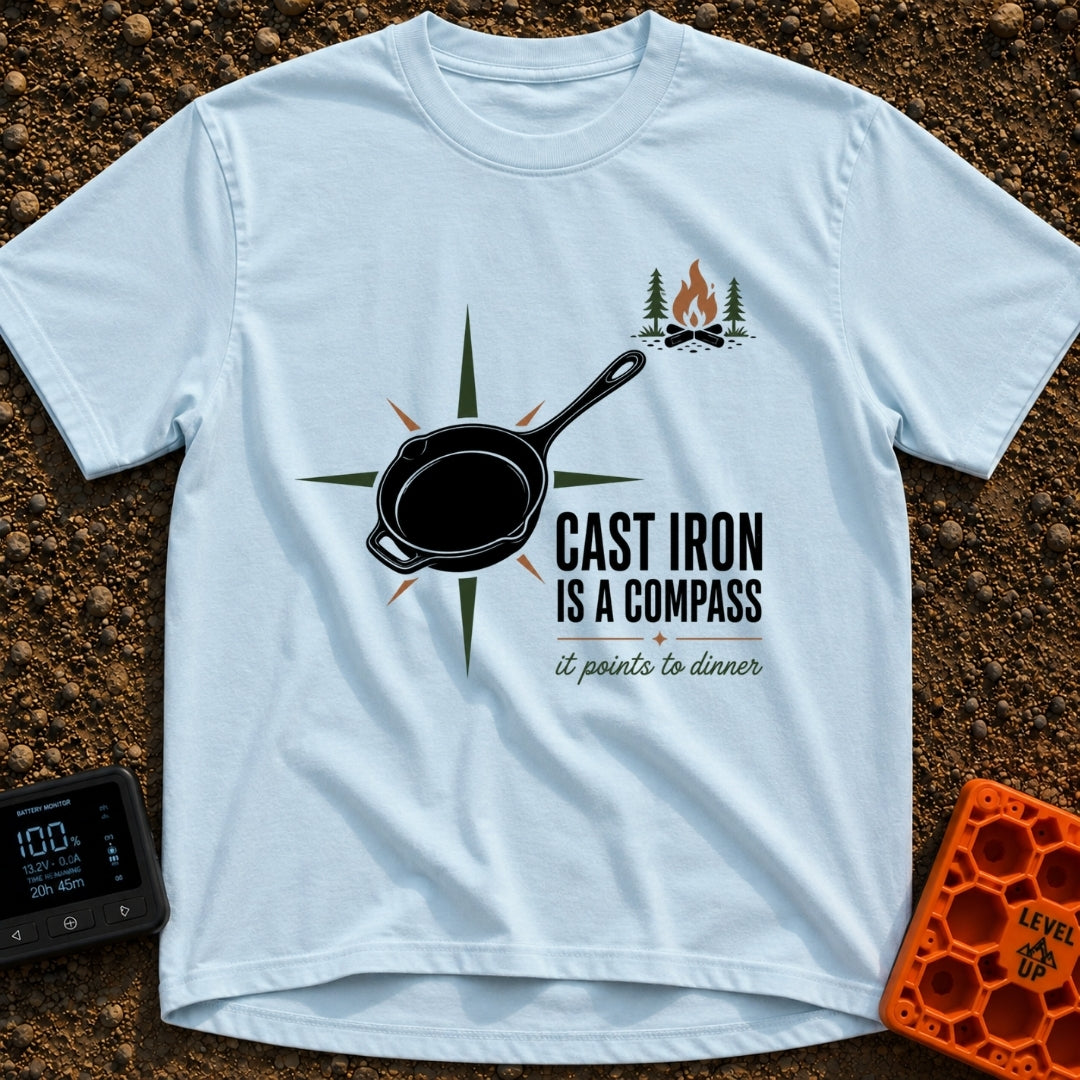 Cast Iron Compass - T-Shirt in Chambray - A graphic featuring a black cast iron skillet superimposed over a multi-pointed...