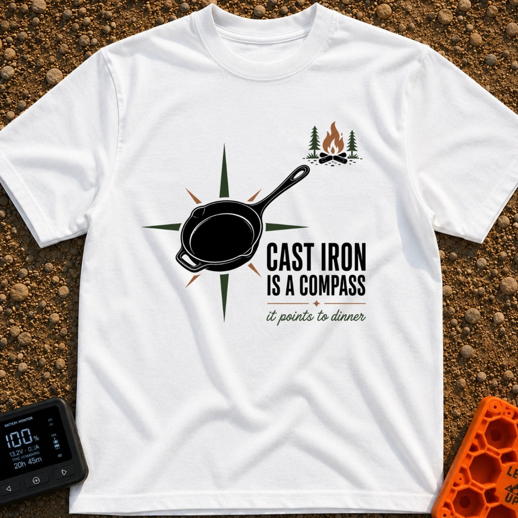 Cast Iron Compass - T-Shirt in White - A graphic featuring a black cast iron skillet superimposed over a multi-pointed...