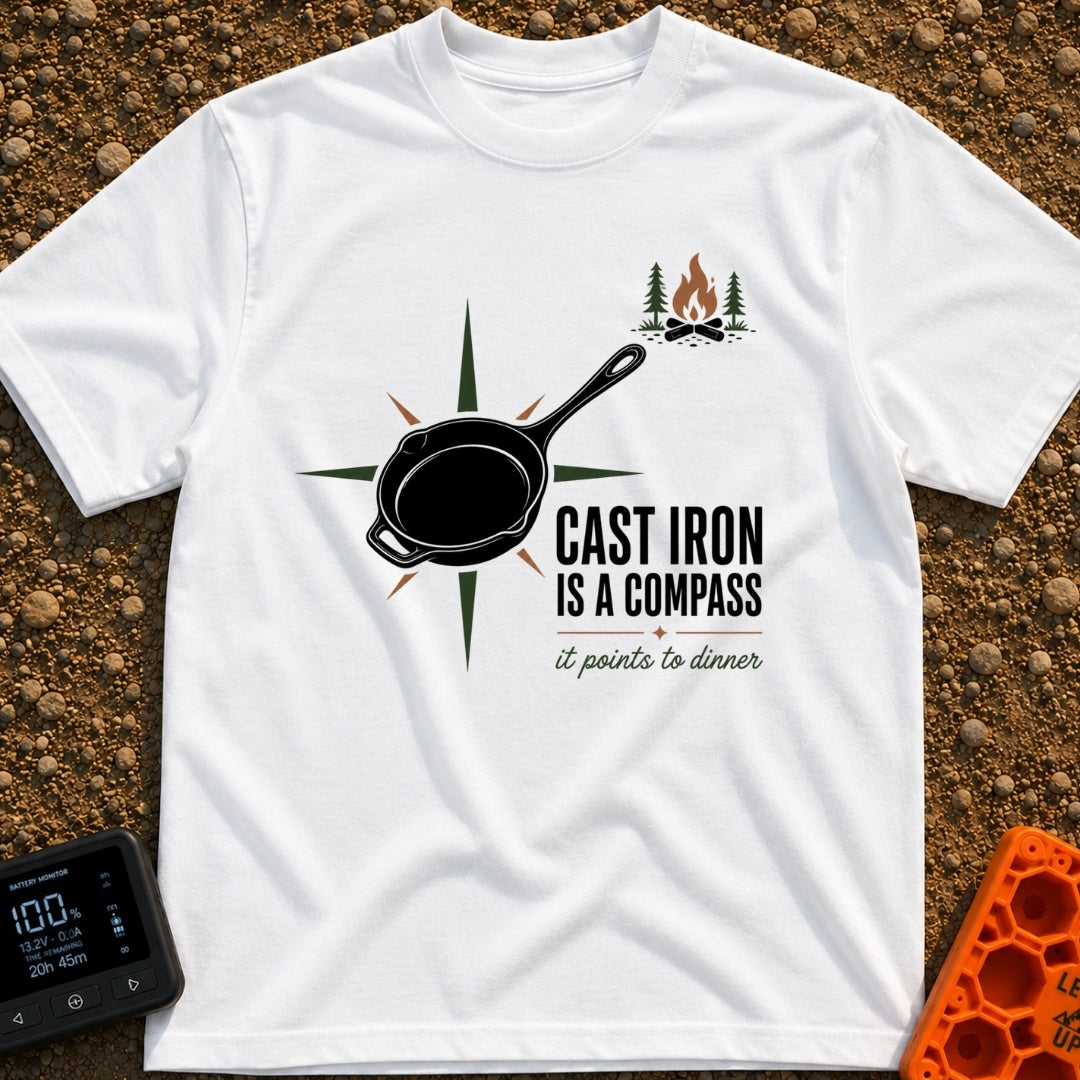 Cast Iron Compass - T-Shirt in White - A graphic featuring a black cast iron skillet superimposed over a multi-pointed...