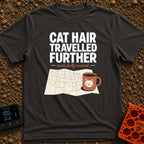 Cat Hair Travelled Further - T-Shirt in Graphite - A folded map of the United States covered in scattered orange cat...