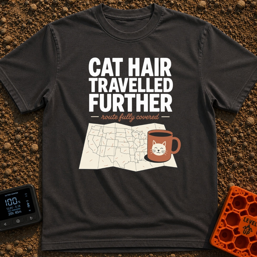 Cat Hair Travelled Further - T-Shirt in Graphite - A folded map of the United States covered in scattered orange cat...