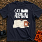 Cat Hair Travelled Further - T-Shirt in Navy - A folded map of the United States covered in scattered orange cat hairs,...