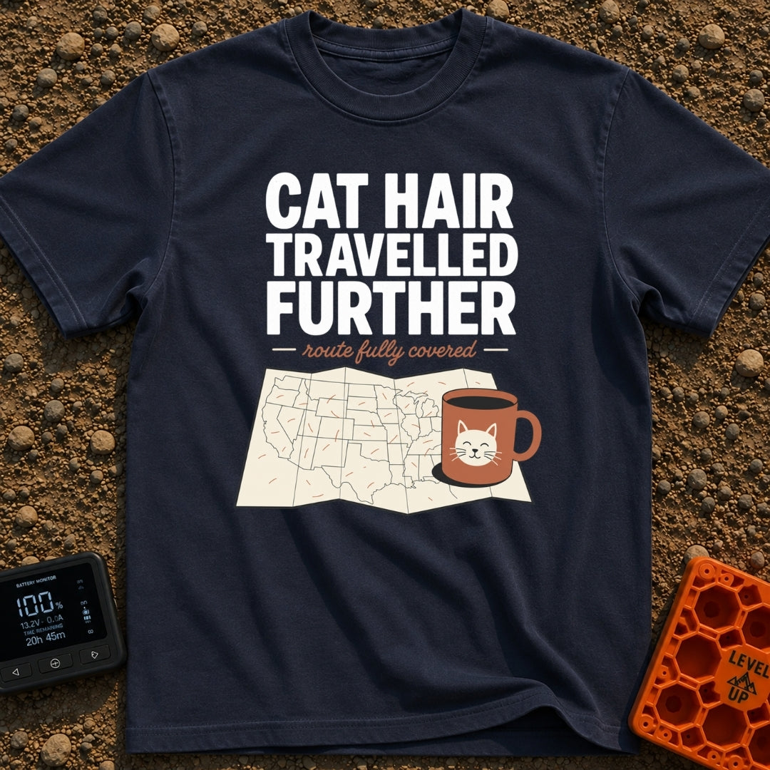 Cat Hair Travelled Further - T-Shirt in Navy - A folded map of the United States covered in scattered orange cat hairs,...